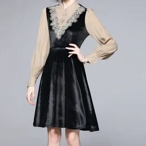 Black Velvet V-Neck Long Sleeve Dress with Cream Blouse Detail